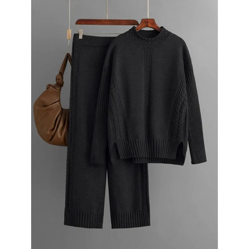 Chic Cozy Set: Cable Knit Sweater and Jogger Duo