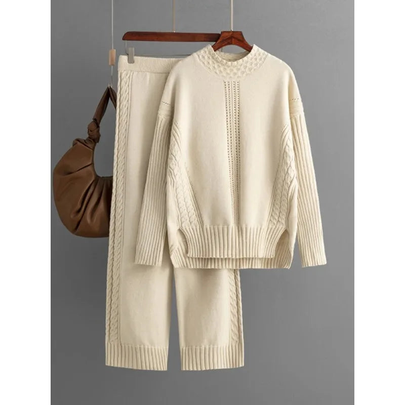 Chic Cozy Set: Cable Knit Sweater and Jogger Duo