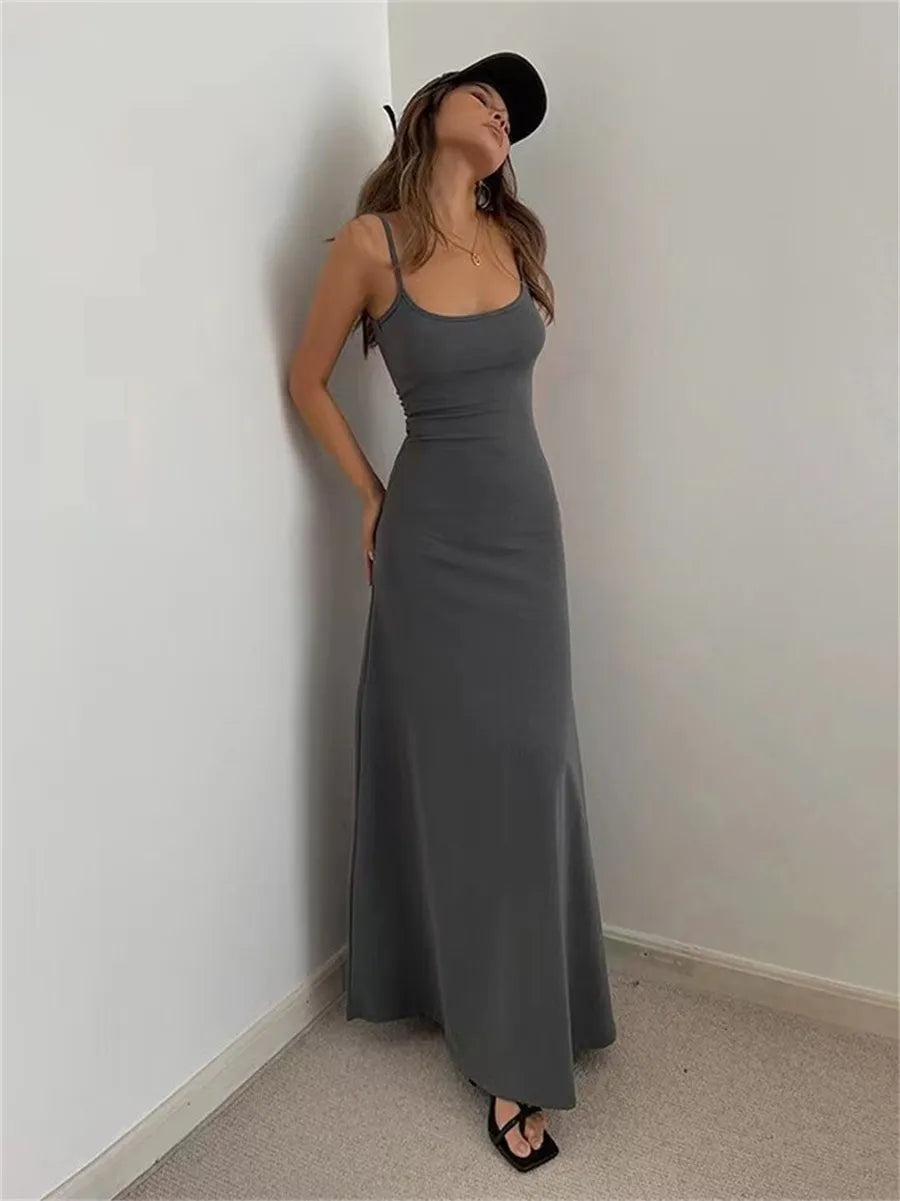 Urban Chic: Sleek Maxi Dress with a Hint of Sporty Elegance