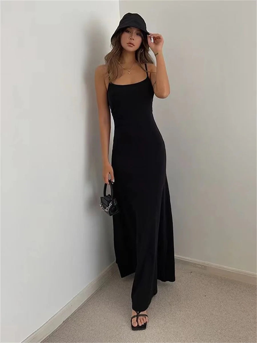 Urban Chic: Sleek Maxi Dress with a Hint of Sporty Elegance
