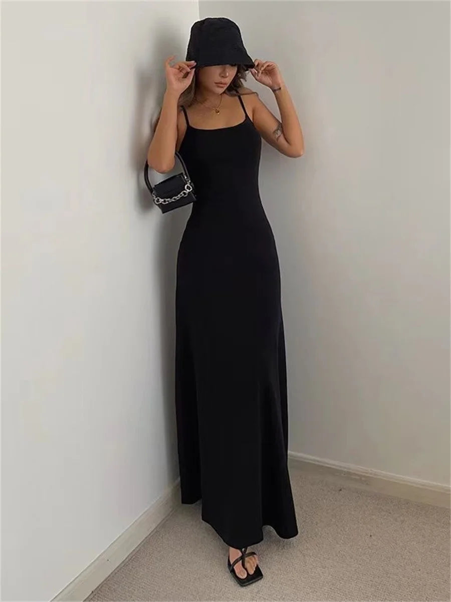 Urban Chic: Sleek Maxi Dress with a Hint of Sporty Elegance