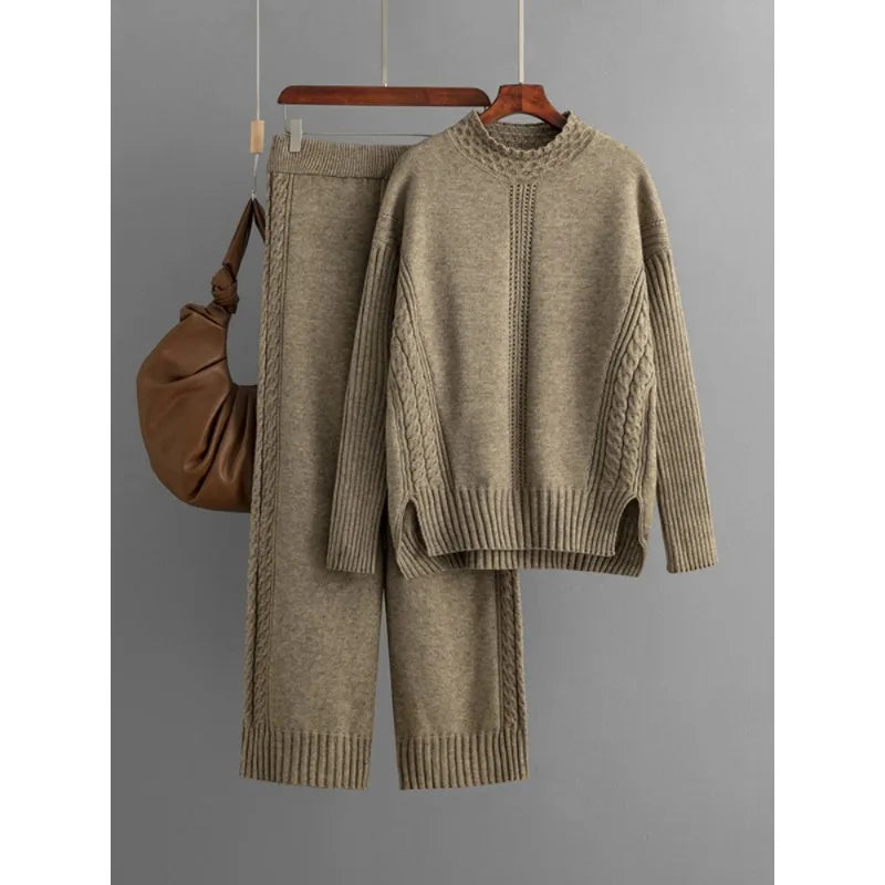 Chic Cozy Set: Cable Knit Sweater and Jogger Duo