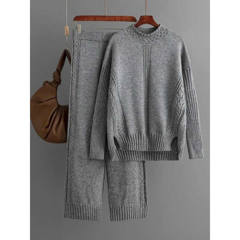 Chic Cozy Set: Cable Knit Sweater and Jogger Duo