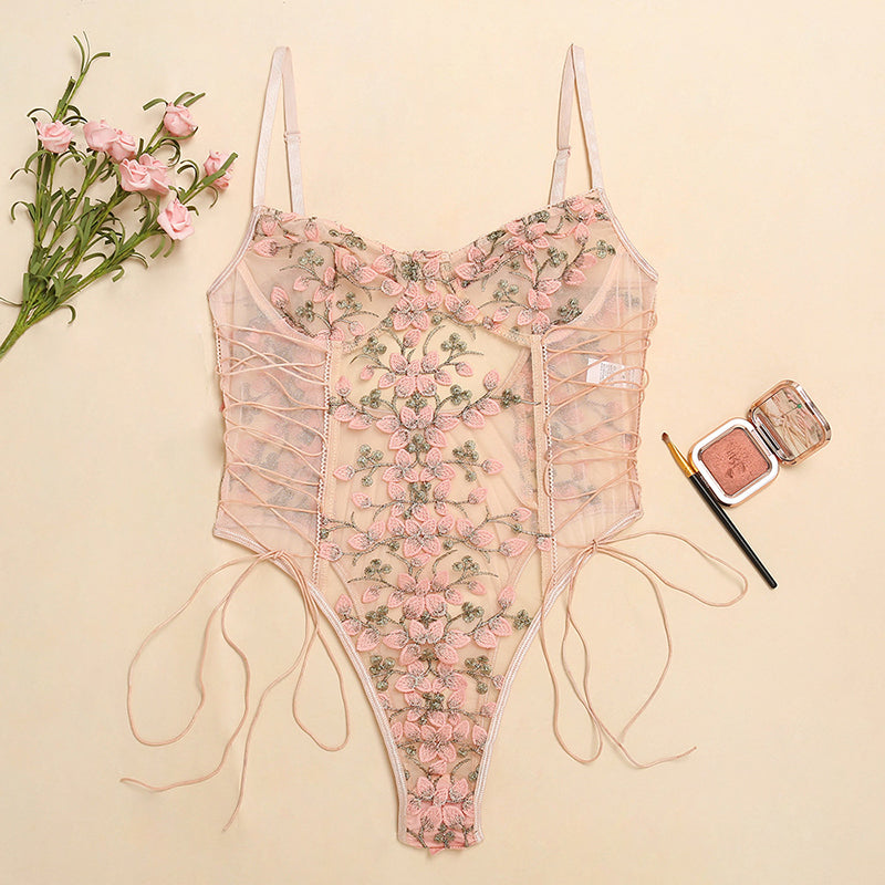 Floral Embroidery Bodysuit Women Lace up Bandage Bodies Sexy Sleeveless Bodycon Transparent Lingerie Mesh Bodysuits Top