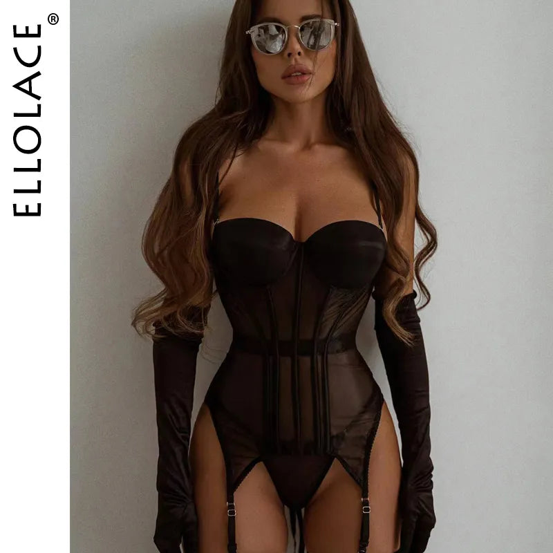 Lingerie Corset Outfits 4-Piece Seamless Sexy Porn Underwear Uncensored Sheer Lace Sissy Erotic Set Black Intimate