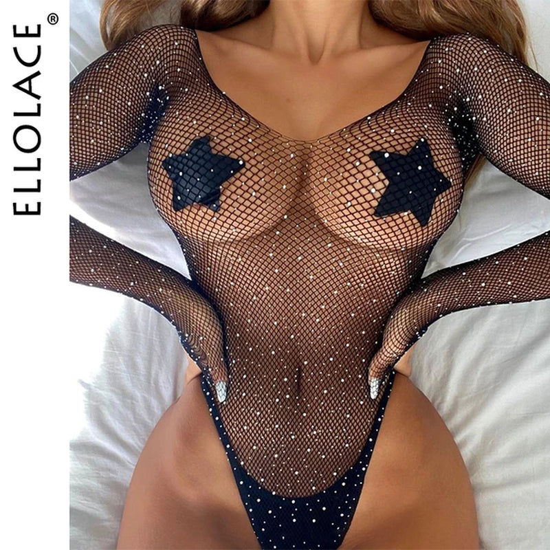 off Shoulder Fishnet Bodystocking Sexy Transparent Glitter Long Sleeve Bodysuit See through Exotic Costumes Porn Tights