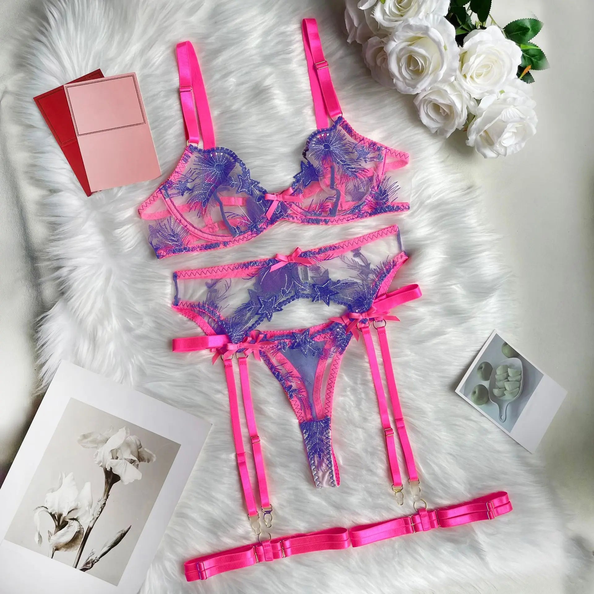 Pink Fancy Lingerie Floral Luxury Lace See through Underwear Sensual Garter Belt Set Contrast Color Fairy Outfit