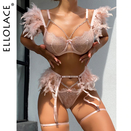 Feather Lingerie Sexy Porn Underwear Women Body Transparent Bra Metal Chain Lace Exotic 3-Piece Set Luxury Intimate