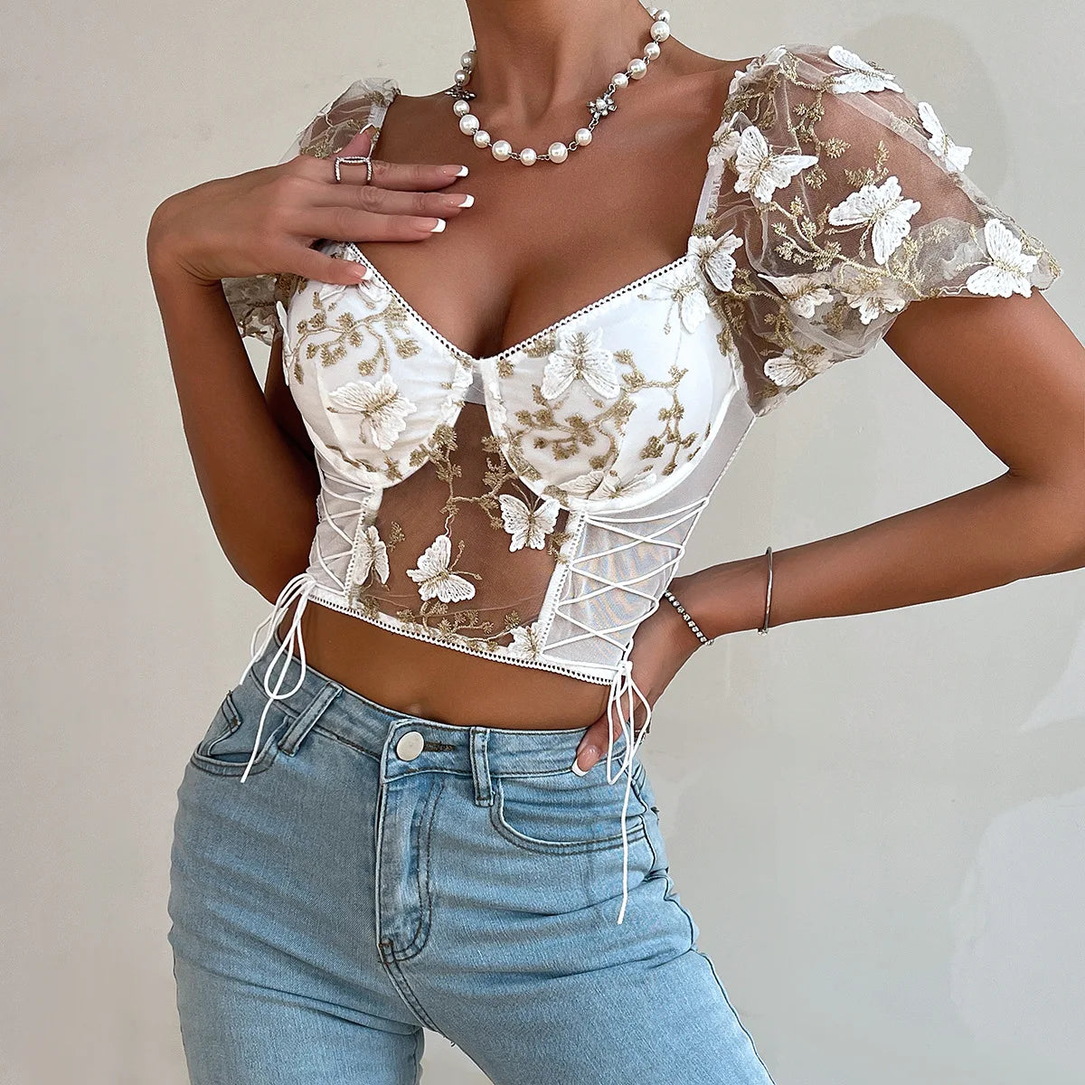 Yimunancy Boho Bufferfly Embroidery Puff Sleeve Top Women V Neck Summer Backless Short Sleeve Sexy Cropped Top Blouse