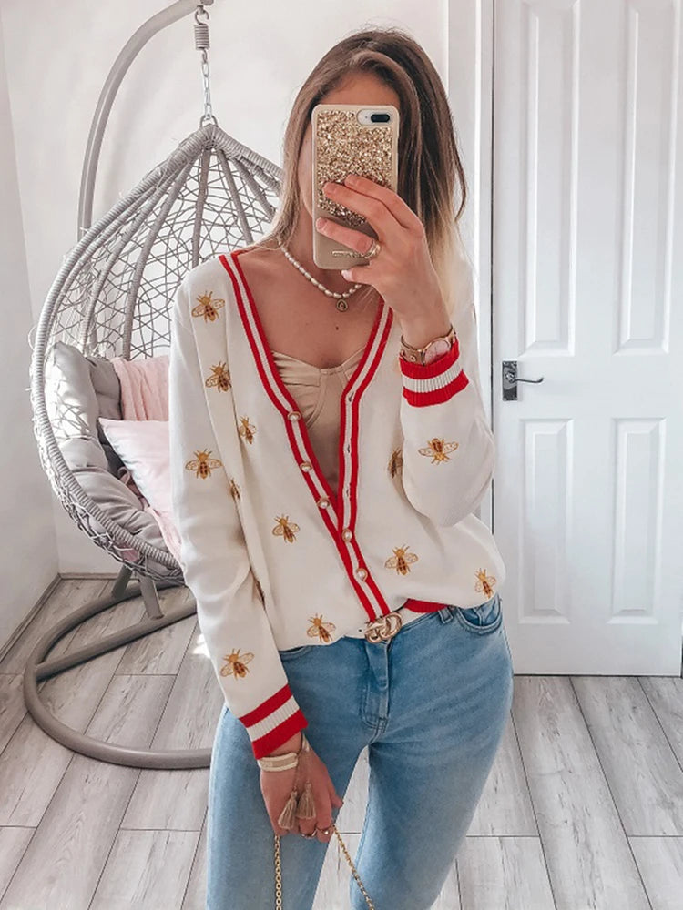 Bee Charmed: Embellished Button-Up Cardigan