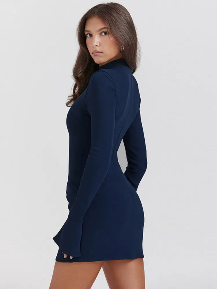 Elegant Attitude: High-Neck Tailored Mini Dress with Statement Sleeves