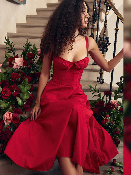 Romantic Rendezvous: Captivating Crimson Midi Dress with Delicate Ruching