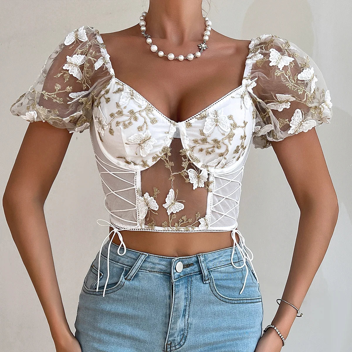 Yimunancy Boho Bufferfly Embroidery Puff Sleeve Top Women V Neck Summer Backless Short Sleeve Sexy Cropped Top Blouse