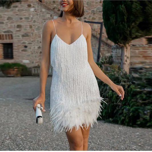 Feathered Elegance: Gatsby-Inspired Fringe Mini Dress