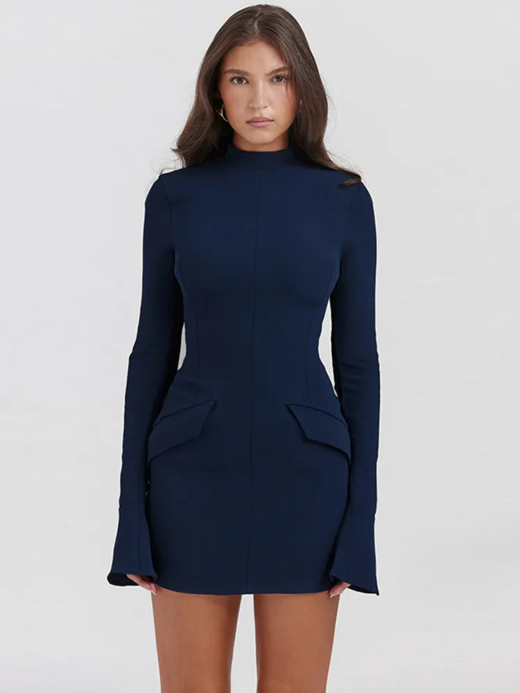 Elegant Attitude: High-Neck Tailored Mini Dress with Statement Sleeves