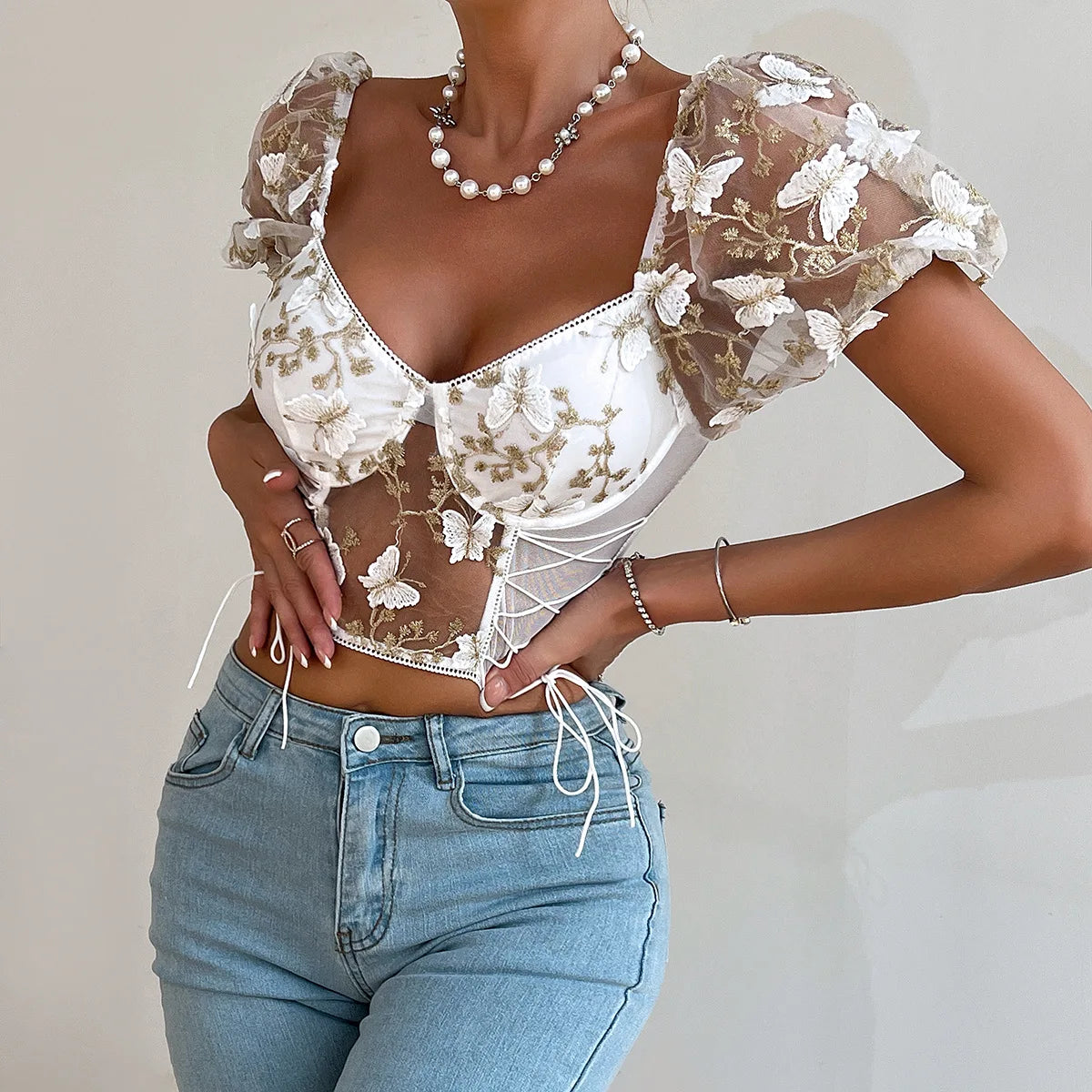 Yimunancy Boho Bufferfly Embroidery Puff Sleeve Top Women V Neck Summer Backless Short Sleeve Sexy Cropped Top Blouse