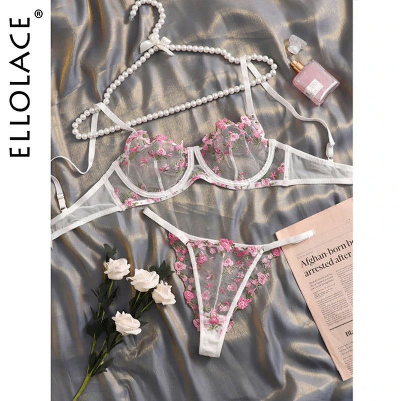 Fairy Sexy Lingerie Floral Fancy Underwear Transparent Bra Set Women 2 Piece Sensual Underwire Exotic Lace Brief Sets