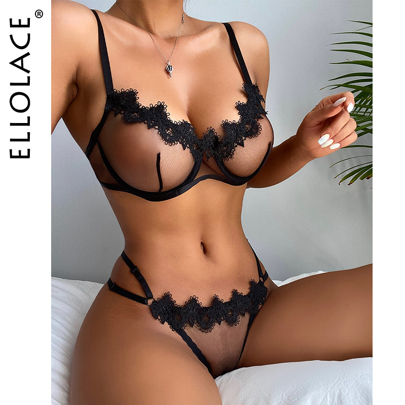 Sensual Lingerie Woman Transparent Lace Exotic Costumes Sheer Porn Intimate 2-Piece Underwire Bra Thongs Sexy Outfit